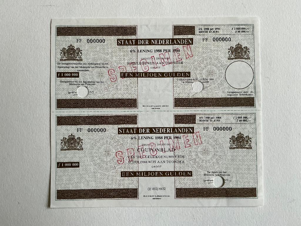 6% Staatslening1988 per 1994, 1 Miljoen Gulden, Specimen, Postzegels en Munten, Aandelen en Waardepapieren, Ophalen of Verzenden