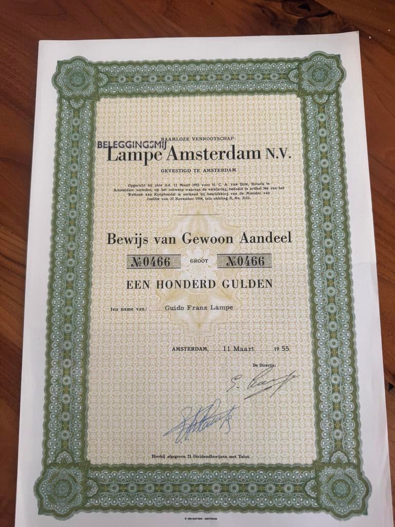 Lampe Amsterdam 1955, Postzegels en Munten, Aandelen en Waardepapieren, Ophalen of Verzenden, 1950 tot 1970