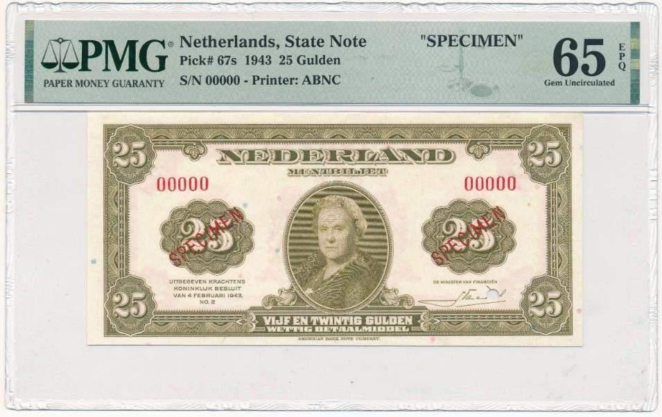 NL muntbiljet 25 gulden Wilhelmina 1943 SPECIMEN PMG 65 EPQ, Postzegels en Munten, Bankbiljetten | Nederland, Ophalen of Verzenden