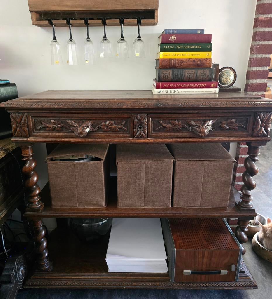 Antieke bijzettafel met 2 lades en houtsnijwerk, Ophalen