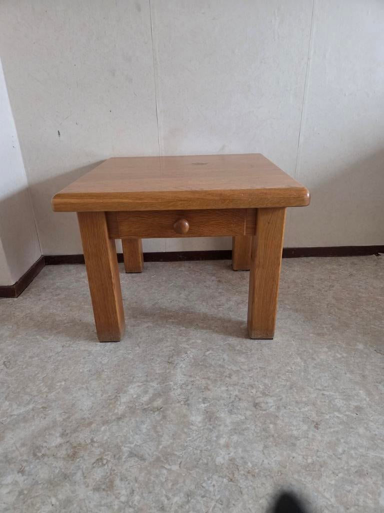 Blank eiken bijzettafeltje met lade, Minder dan 55 cm, Gebruikt, Vierkant, Hout