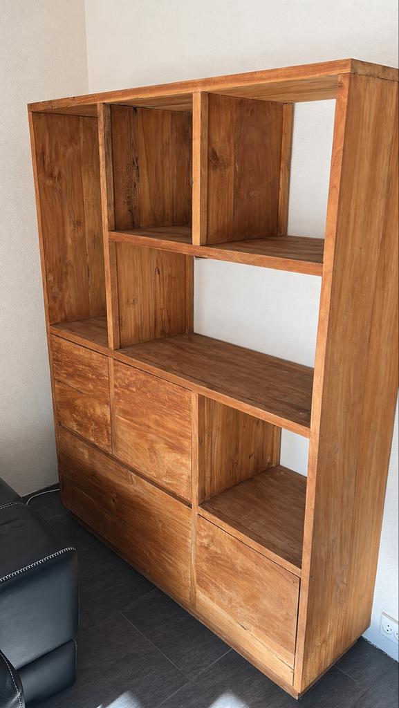 Teakhouten kast met 4 lades en 5 open vakken, Ophalen, Gebruikt, 100 tot 150 cm, Teakhout