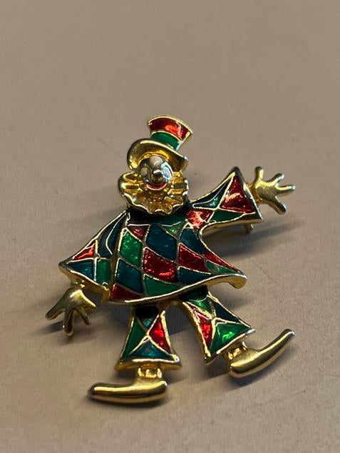 Vintage Broche Clown Figuur Goudkleurig met Emaille, Met kristal, Overige materialen, 4 tot 7 cm, Gebruikt