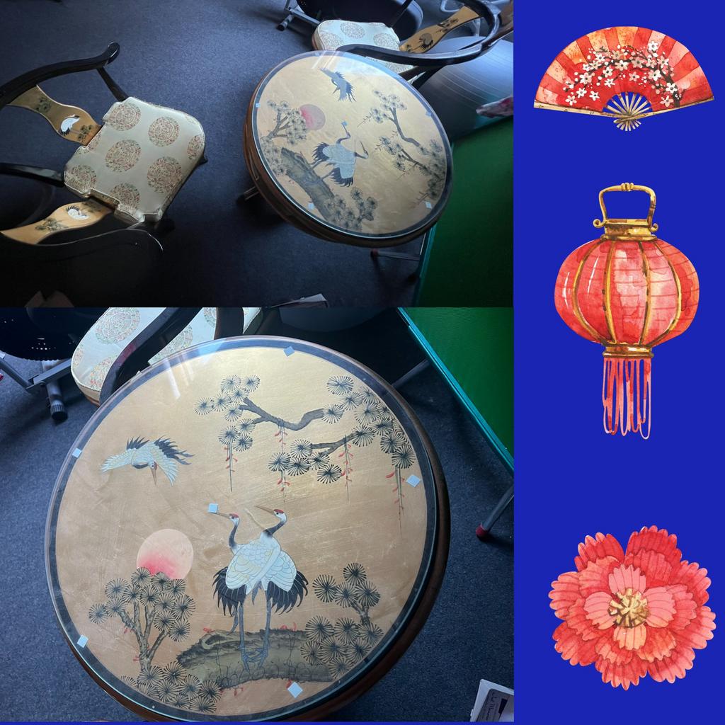 Mooie ronde Chinese theetafel met 2 stoelen – complete set, Huis en Inrichting, Tafels | Bijzettafels, Gebruikt, Rond, 60 cm of meer