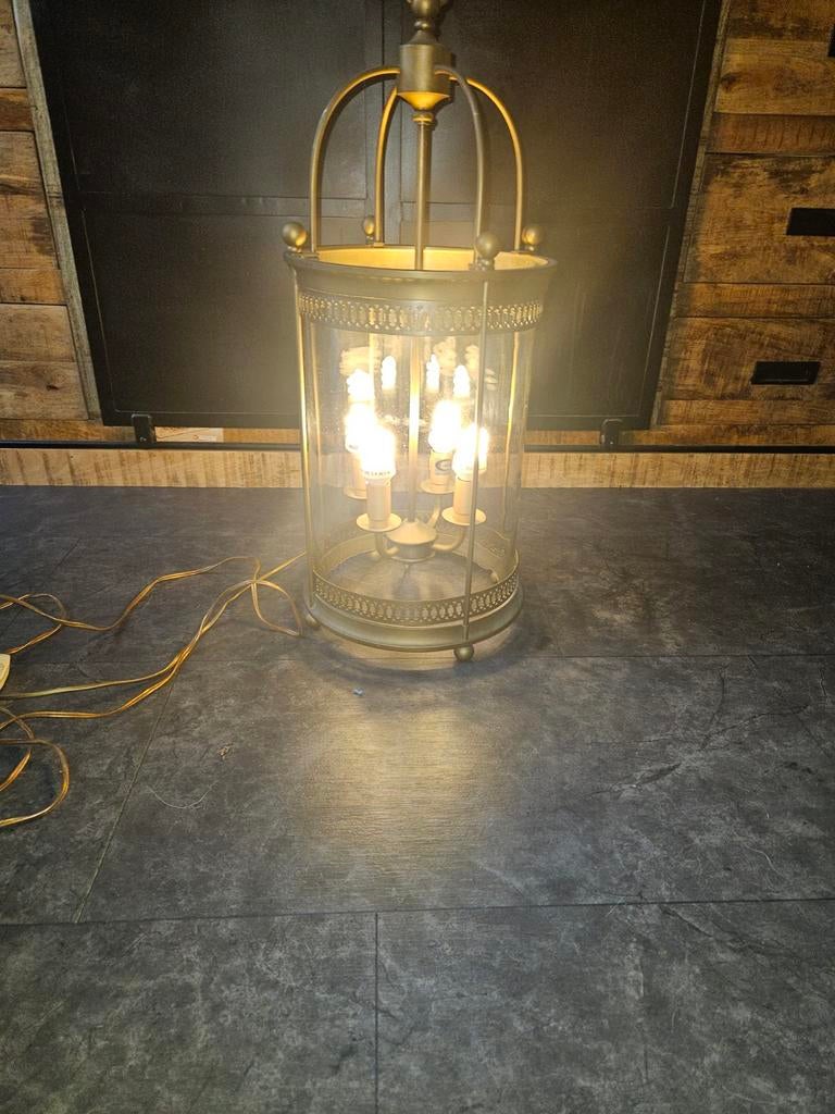 Messing hanglamp/lantaarn met 4 lichtpunten, Ophalen