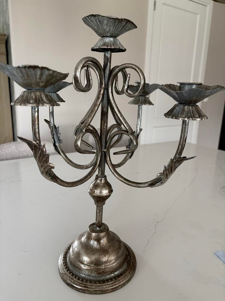 kandelaar  met 5 armen, zilverkleurig metaal, Ophalen, Overige materialen