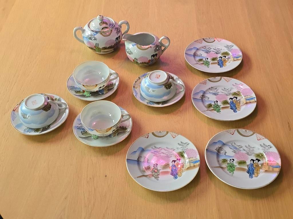 19de eeuws antiek japans kutani eierschaalservies gemerkt !!, Antiek en Kunst, Antiek | Servies compleet, Ophalen of Verzenden