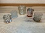 Te koop aangeboden 5 verschillende glazen waxinelichthouders, Huis en Inrichting, Woonaccessoires | Kandelaars en Kaarsen, Overige materialen