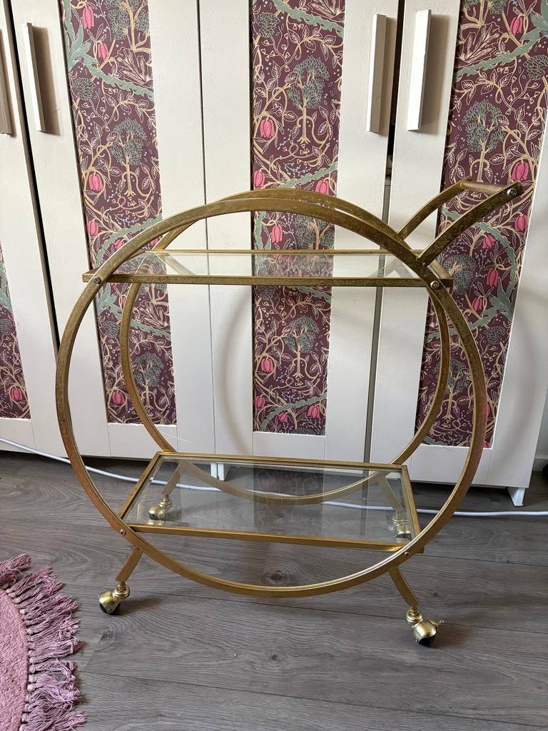 Gouden/messing barcart, serveerwagen met glazen platen, Ophalen, Vintage, Gebruikt, Goud