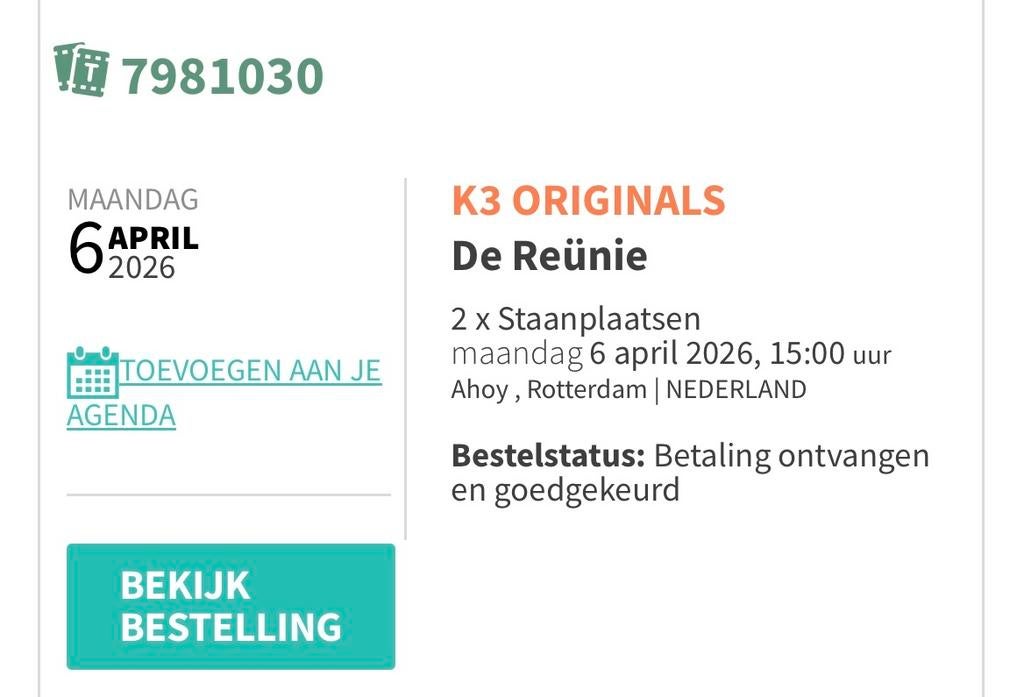 K3 orginals rotterdam ahoy 6 april, Tickets en Kaartjes, Concerten | Pop, Twee personen, April