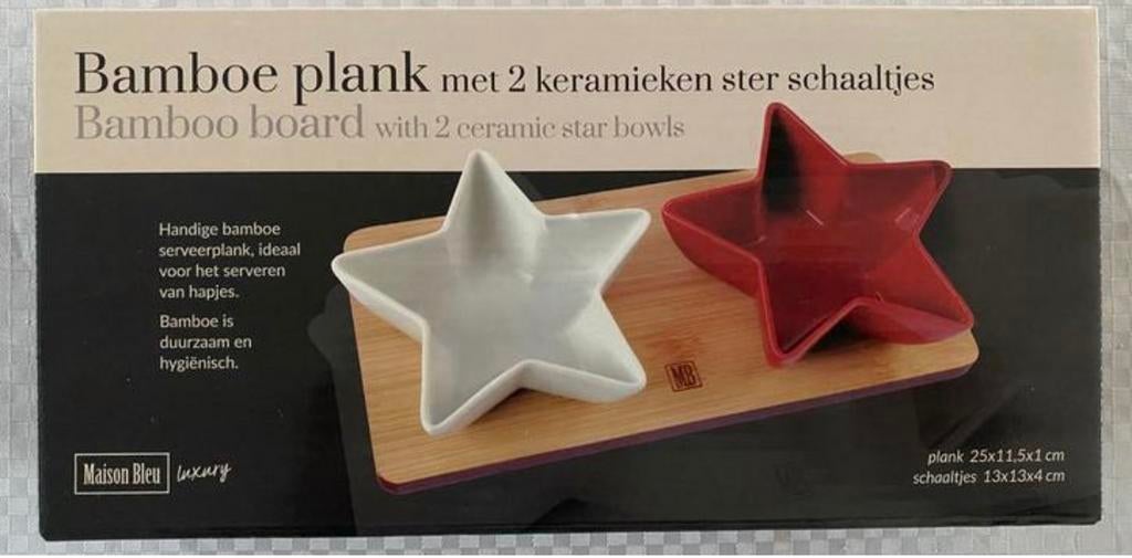 ** NIEUW, BAMBOO PLANK MET 2 KERAMIEKEN STER SCHAALTJES **, Ophalen of Verzenden