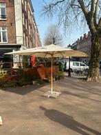 Grote lichte parasol met Corona-logo, houten basis, 350 cm, Tuin en Terras, Parasols, Ophalen, Gebruikt, 3 tot 4 meter, Stokparasol