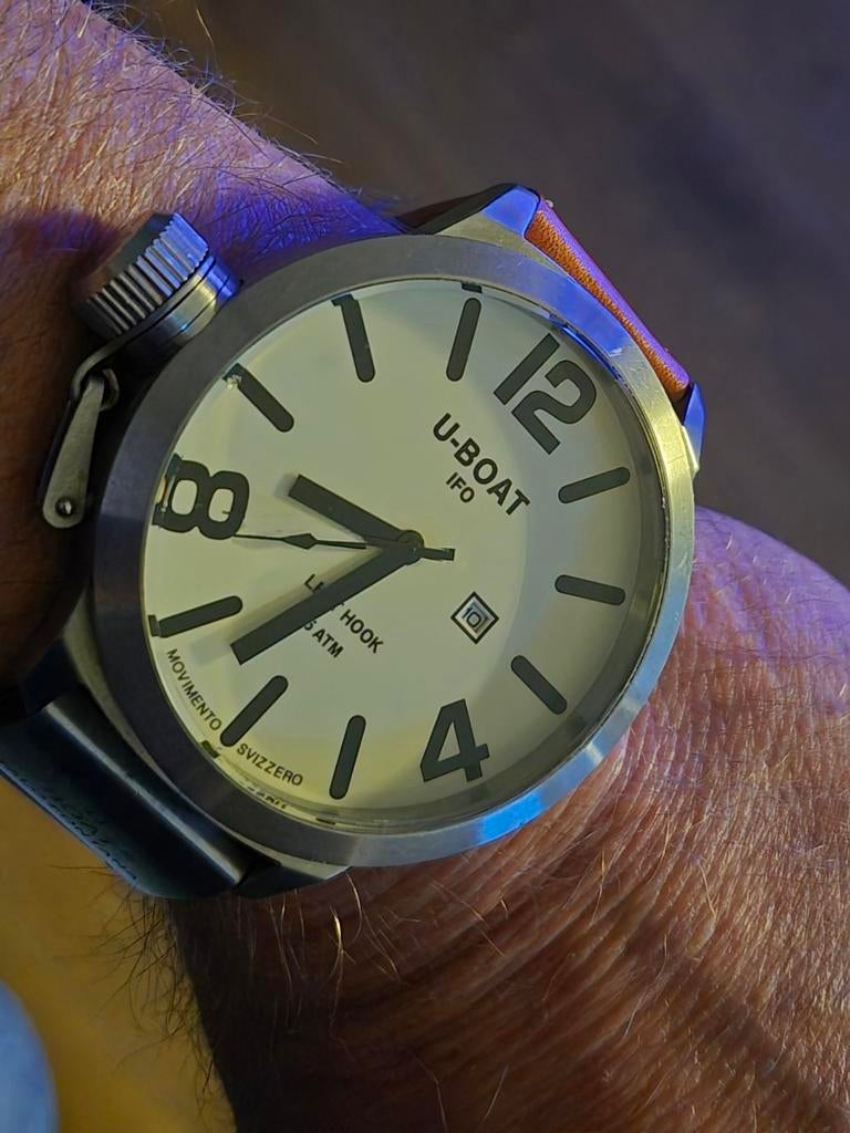 Mooi vintage U-Boat horloge 53mm met witte wijzerplaat, Ophalen of Verzenden, Zo goed als nieuw, Leer, Overige merken