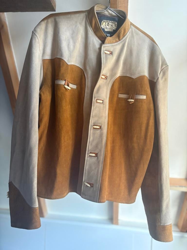 Vintage suède jas met unieke sluitingen, Ophalen of Verzenden, Zo goed als nieuw, Maat 38/40 (M), Bruin