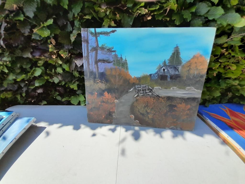 mooi groot schilderij landschap bos met schuur, 125 cm of meer, Ophalen of Verzenden, Zo goed als nieuw, Schilderij