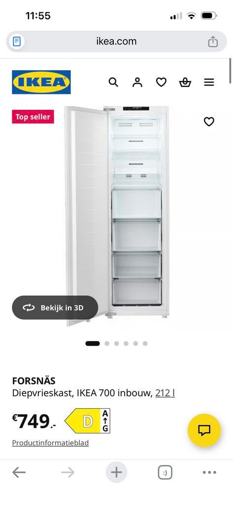 Gloednieuwe Forsnas inbouw vriezer Ikea, Ophalen, 200 liter of meer, Nieuw, 160 cm of meer