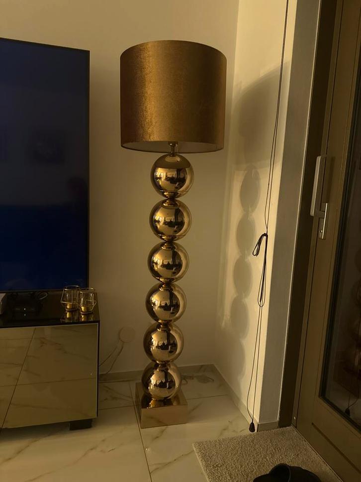 Luxe gouden staande lamp met stoffen kap, Huis en Inrichting, Lampen | Vloerlampen, Zo goed als nieuw, 150 tot 200 cm, Metaal