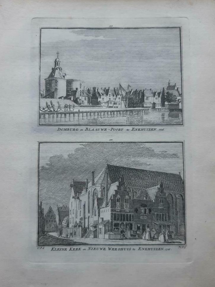 393-394*/ Domburg en Blaauwepoort kerk Weeshuis te Enkhuizen, Antiek en Kunst, Kunst | Etsen en Gravures, Ophalen of Verzenden