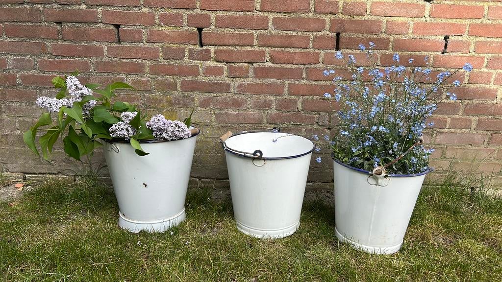 3 originele emaille emmers tuindecoratie, Overige materialen, Gebruikt, Rond, Minder dan 40 cm