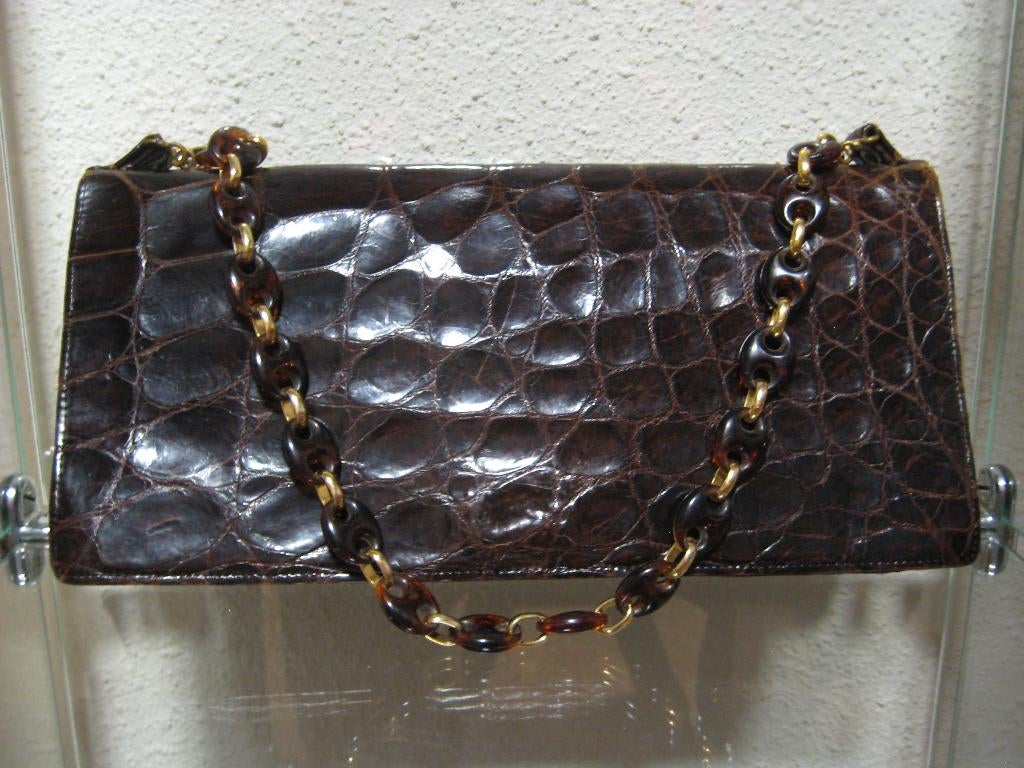 Vintage handtas echt krokodil leder, Sieraden, Tassen en Uiterlijk, Tassen | Damestassen, Verzenden, Gebruikt, Bruin, Schoudertasje