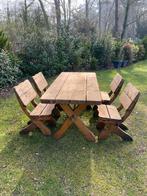 Robuuste rustieke tuinset massief hout  boomstam / lodge, Ophalen, 4 zitplaatsen, Zo goed als nieuw, Tuinset