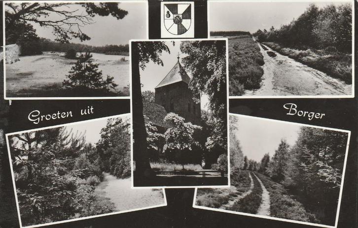 BORGER Heide Bosgezichten Kerk Groeten, Verzamelen, Ansichtkaarten | Nederland, Gelopen, Drenthe, 1940 tot 1960, Verzenden
