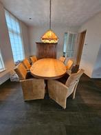 Eiken eettafel met 6 verstelbare stoelen, Ophalen, Gebruikt, 100 tot 150 cm, Eikenhout