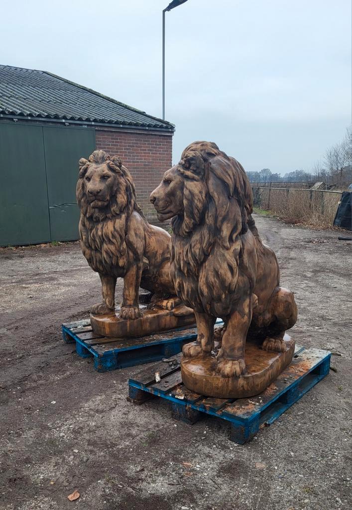 Koppel grote oud roestlook leeuwen, Tuin en Terras, Tuinbeelden, Nieuw, Dierenbeeld, Beton, Ophalen of Verzenden