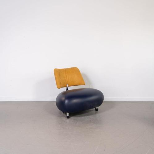 1x Leolux Pallone Fauteuil Blauw Leer/Geel Suède - Chroom, Huis en Inrichting, Fauteuils, Gebruikt, Leer, Metaal, Stof, 75 tot 100 cm