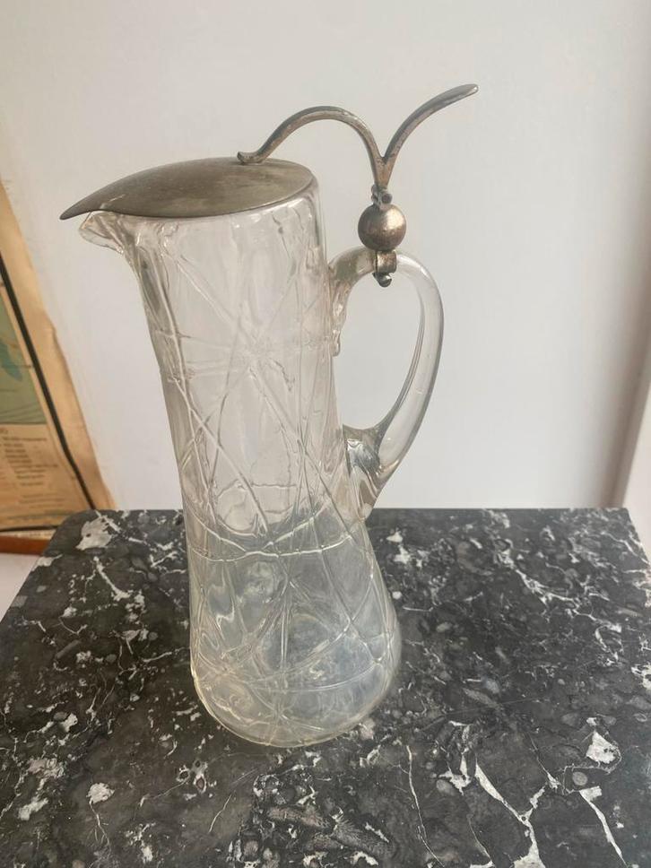 Antieke Waterkan Karaf met Verzilverde Deksel, Antiek en Kunst, Antiek | Glas en Kristal, Ophalen of Verzenden