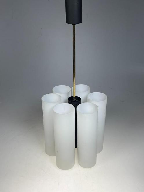 Vintage Hanglamp / Kroonluchter, Melkglazen Kokers, Duitslan, Huis en Inrichting, Lampen | Hanglampen, Gebruikt, 50 tot 75 cm