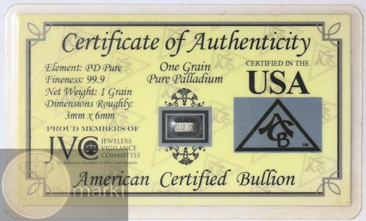 Palladium 999/1000 - Baar 1 grain ACB, Postzegels en Munten, Edelmetalen en Baren, Zilver, Ophalen of Verzenden