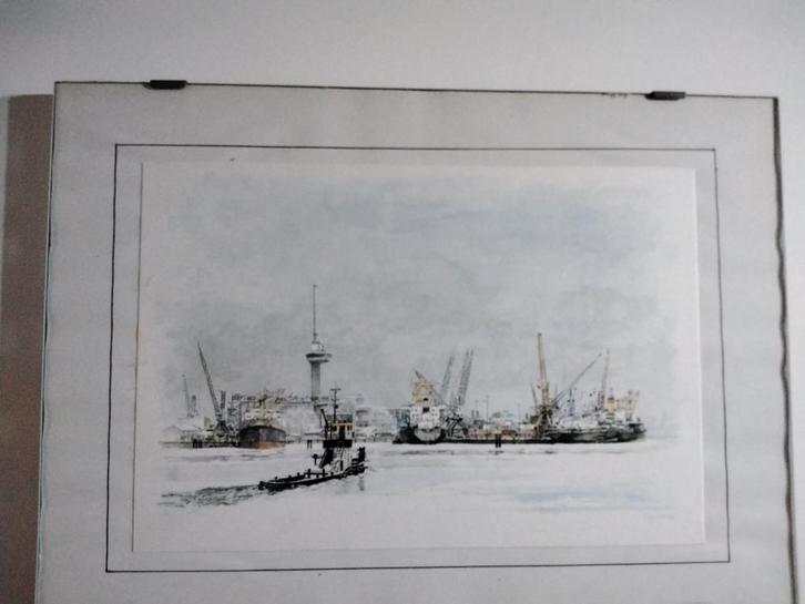 Mooi schilderij lijstje scheepvaart havengezicht van R.dam, Antiek en Kunst, Kunst | Etsen en Gravures, Ophalen
