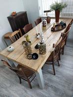 Landelijke tafel van oude grenen delen met ijzeren onderstel, Huis en Inrichting, Tafels | Eettafels, 200 cm of meer, 50 tot 100 cm