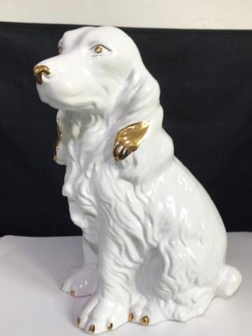 Hond Spaniel Porselein 1960 Goud & Wit H 35✨😍🐶💑🎁🤗👌 beschikbaar voor biedingen