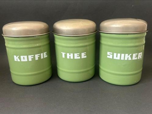 Reseda Groen Koffie, Thee & Suiker Voorraadbussen, Antiek en Kunst, Antiek | Emaille, Ophalen of Verzenden