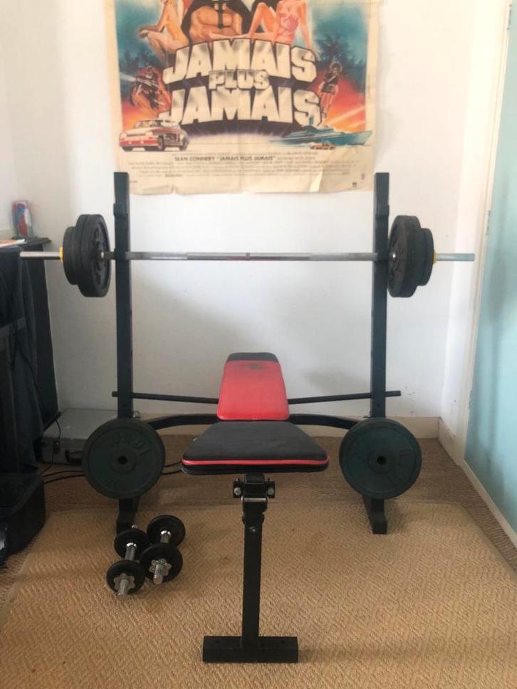 Complete Gym Set met Bank en Dumbells + 110 KG gewichten, Sport en Fitness, Fitnessapparatuur, Gebruikt, Krachtstation, Armen