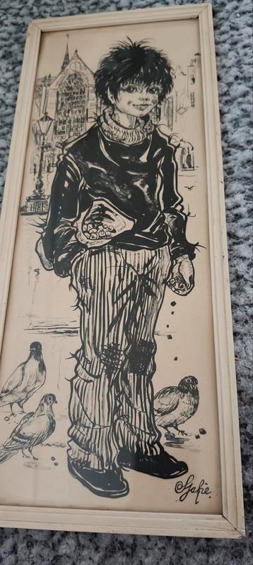 Vintage Tekening: Jongen met Duiven beschikbaar voor biedingen