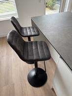 Set van 2 donkergrijs leer barkrukken, Huis en Inrichting, Barkrukken, Ophalen, Zo goed als nieuw, Metaal, 90 cm of meer