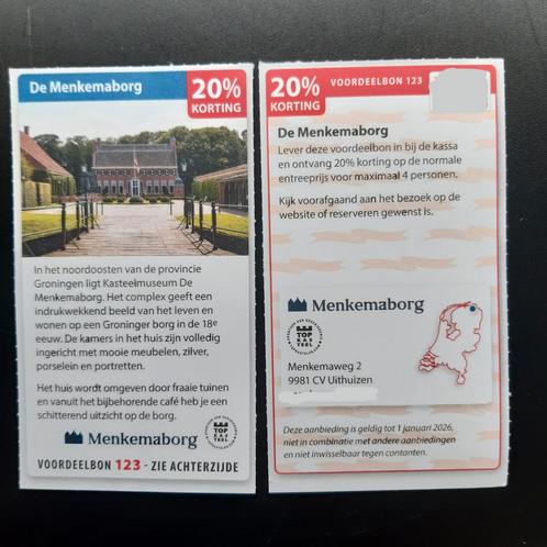 De Menkemaborg 20% korting., Tickets en Kaartjes, Kortingen en Cadeaubonnen
