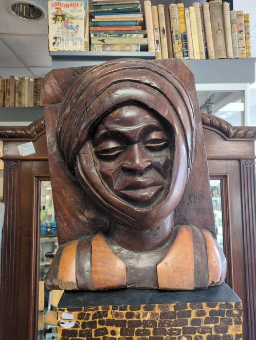 Afrikaans hout beeld XL gesigneerd, Antiek en Kunst, Kunst | Beelden en Houtsnijwerken, Ophalen of Verzenden