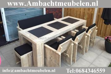steigerhout Tuinset Tuintafel Stoelen + Bank SHOWROOM OPEN beschikbaar voor biedingen