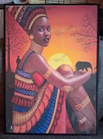 Mooi, sfeervol, kleurrijk schilderij van Afrikaanse vrouw, Antiek en Kunst, Ophalen of Verzenden