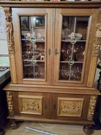 Authentieke Houten Buffetkast met Glas in Lood, Ophalen, Gebruikt, 100 tot 150 cm, Met lade(s)