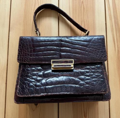 Vintage handtas + portemonnee - Bruin leer krokodillen, Sieraden, Tassen en Uiterlijk, Tassen | Damestassen, Gebruikt, Handtas