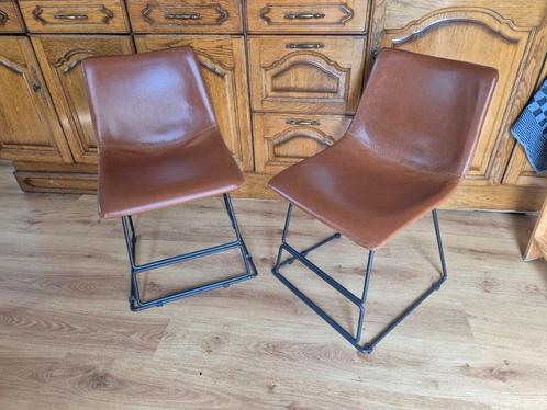 2 industrieel leren eetkamerstoelen, kleur cognac bruin, Huis en Inrichting, Stoelen, Gebruikt, Twee, Leer, Metaal, Bruin, Ophalen