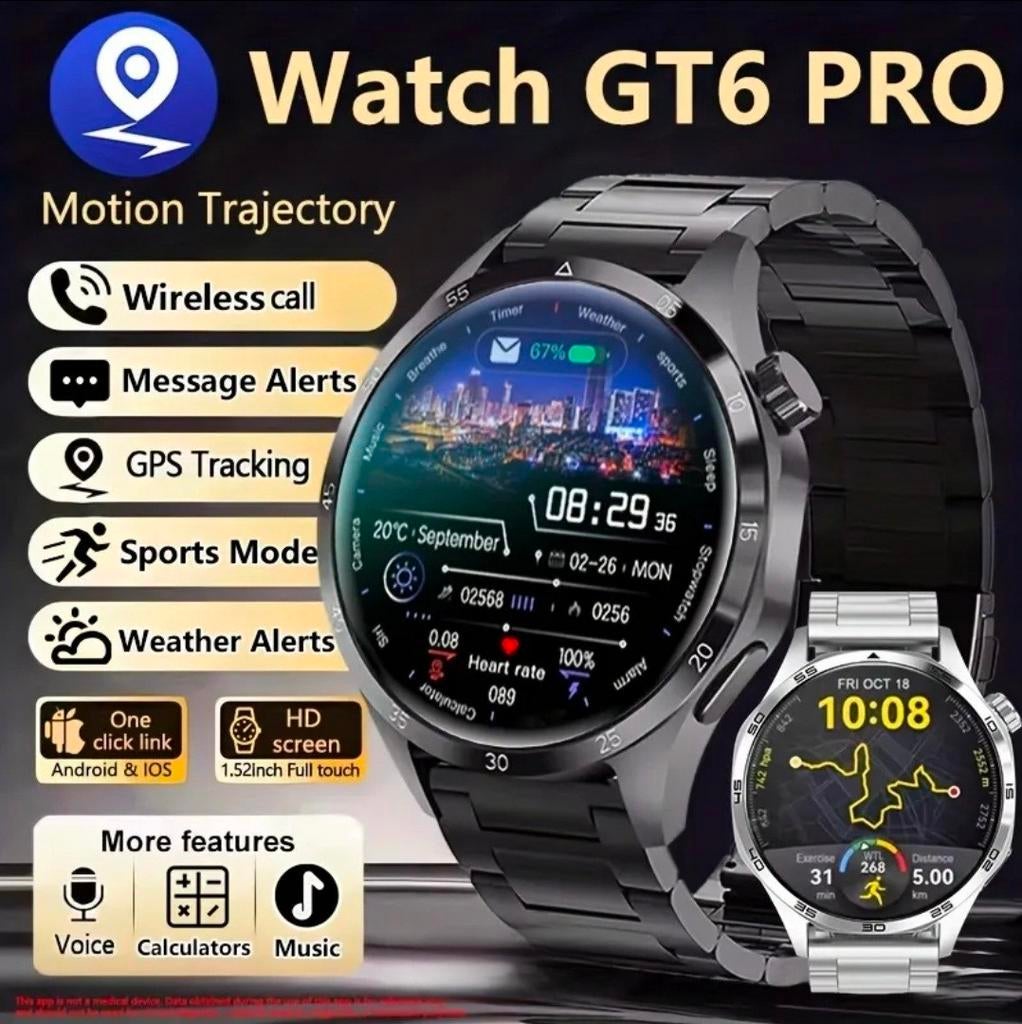 Nieuwe GT6 PRO Smartwatch, Sieraden, Tassen en Uiterlijk, Smartwatches, Nieuw, Android, Zwart, Afstand, Calorieverbanding, GPS