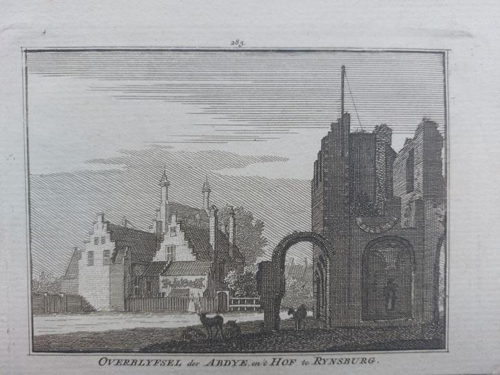 285 / Abdye en Hof te Rijnsburg - Rynsburg Gravure 18e eeuw, Antiek en Kunst, Kunst | Etsen en Gravures, Ophalen of Verzenden