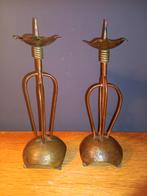 Amsterdamse,School, geel/rood koperen kandelaars, jaren60/70, Antiek en Kunst, Antiek | Kandelaars, Ophalen of Verzenden, Koper of Brons