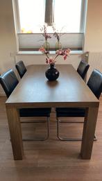 Eetksmertafel met 4 zwarte leren stoelen, Ophalen, Gebruikt, 4 tot 6 stoelen